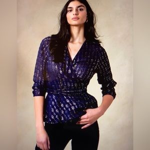 NWT Banana Republic Aida Jacquard Wrap Top Size: XL, Color: Navy Mini Geo & Gold